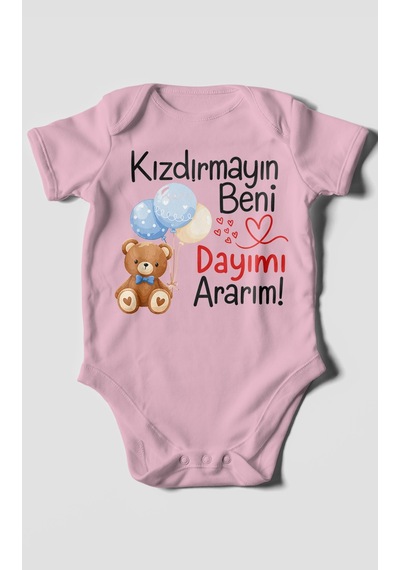 Morivokids Kızdırmayın Beni, Dayımı Ararım Kısa Kollu Bebek Body %100 Pamuk Koyu Pembe