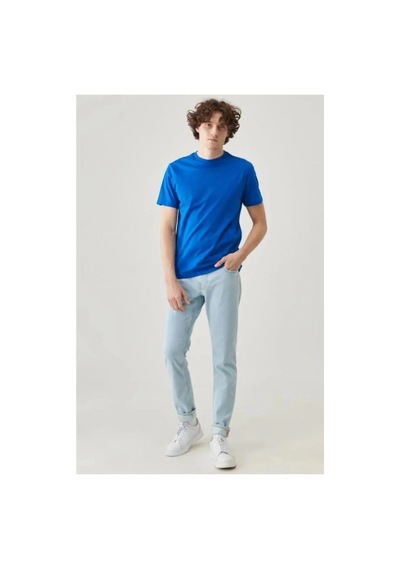 Erkek Tişört Kısa Kol Düz Bisikilet Yaka Oversize T-shirt - Mi Mavi