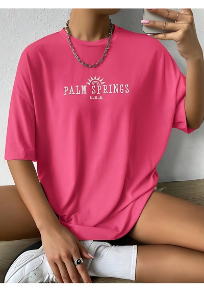 Palm Springs T-shirt - Pembe Baskılı Oversize Bisiklet Yaka Kısa Kol Tişört Pembe