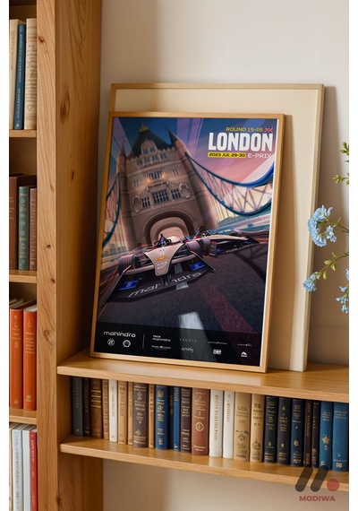 Londra E-prix Elektrikli Yarış Afişi, Ahşap Çerçeveli Duvar Tablosu - Oto Severlere Özel Hediye