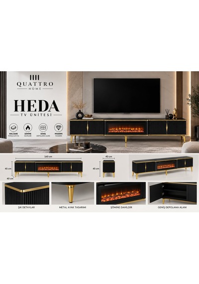 Heda Elektrikli Şömineli Tv Ünitesi Siyah Gold Modern Tasarım 160 Cm
