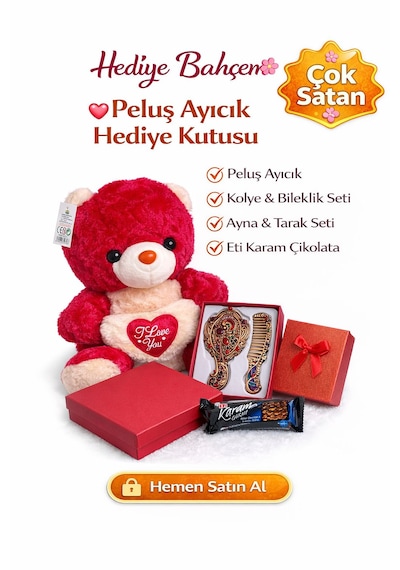 Aşkın 4 Hali: Peluş Ayıcık, Kolye, Ayna Seti Ve Çikolatalı Hediye Kutusu 10 Adet