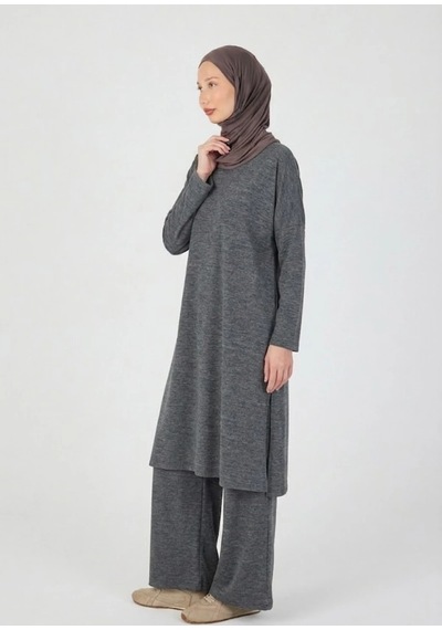 Butikgiz Kadın Tesettür Tunik Pantolon Rahat %100 Pamuklu 2'li Alt Üst Takım Antrasit