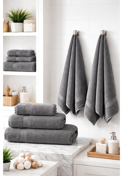 8 Parça %100 Pamuklu Aile Havlu Seti - 4 Adet 70x140 Cm & 4 Adet 50x90 Cm Deeper Antrasit-Antrasit
