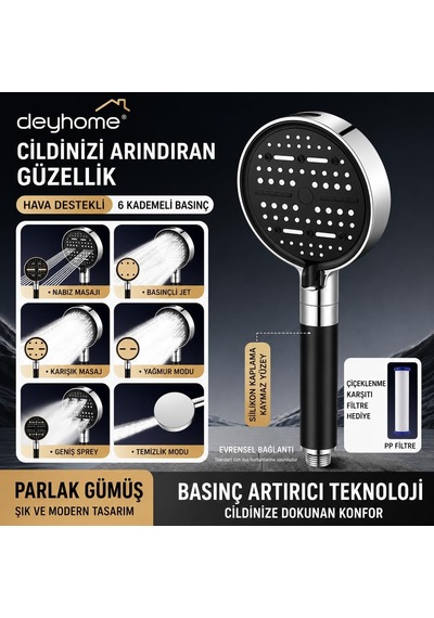 Filtreli Duş Başlığı, 6 Kademeli Su Akışlı, Basınç Artırıcı, Kaymaz Silikon Kaplama, Siyah-gümüş, Pp Filtre 4'lü Set Siyah Altın - Beyaz