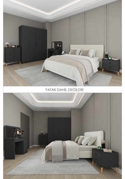 Yatak Odası Takımı 5 Parça %100 Mdf Gardırop Şifonyer Makyaj Masası Komodin Ytk03 Antrasit