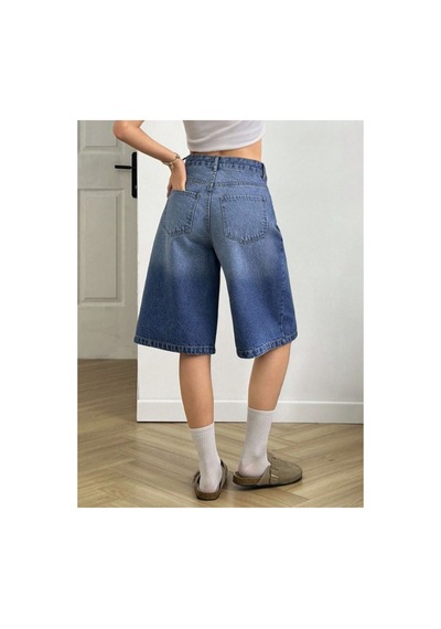 Kene Jeans Lazer Ön Yırtıklı Mavi İşlemli Kot Şort Mavi İşlemli
