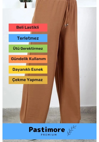 Yeni Sezon Terletmez Rahat Kalıp Beli Lastikli Bol Paça Salaş Yazlık Kadın Kahve Aerobin Pantolon Kahverengi