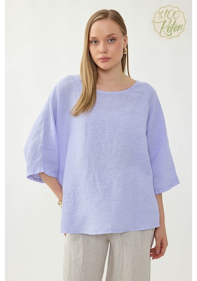 Vitrin %100 Keten Geniş Yaka Oversize Kısa Kol Bluz LİLA