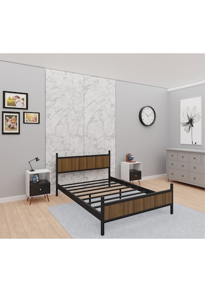 Gm 305 Modern Çift Kişilik Ahşap Metal Siyah Ceviz Karyola 160x200