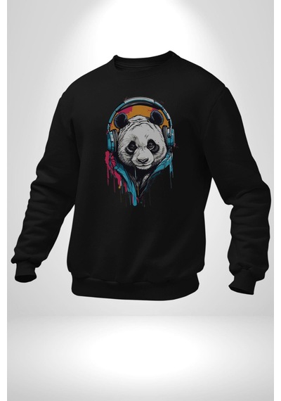 Kulaklık Ayı Panda Unisex Siyah Baskılı Sweatshirt Siyah