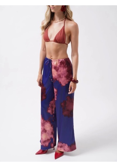 Defymoda Bel Lastikli Desenli Saten Pantolon Lacivert