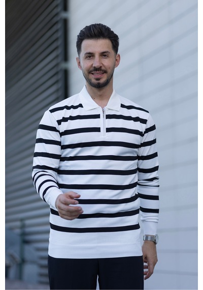 Hk Premium Kazak Fermuarlı Polo Yaka Çizgili Triko Sweatshirt Beyaz