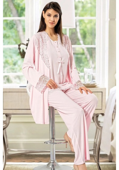 Xses 4200 Kadın Hamile Lohusa Sabahlıklı Pijama Takım-pudra
