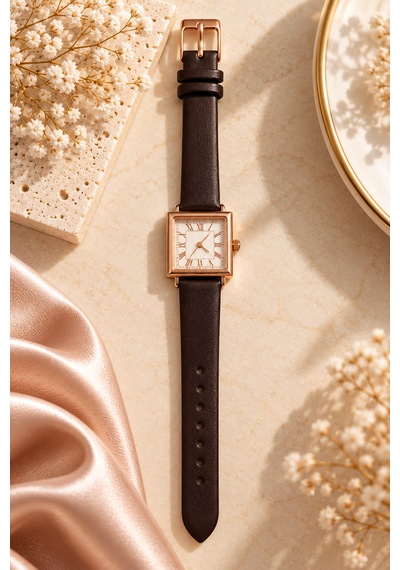Kadın Kol Saati Kahverengi Deri Kordon, Roma Rakamlı Kadran Rose Gold