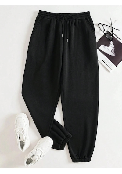 Unisex Kadın/erkek Özel Renkli Düz Paça Lastik Eşofman Altı Jogger Siyah