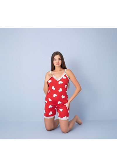 Pıove Kadın Kalp Desenli Askılı Şortlu Pijama Takımı Dantel Detaylı Rahat Ev Giyim Seti Kırmızı Pıove Kadın Kalp Desenli Askılı Şortlu Pijama Takımı Dantel Detaylı Rahat Ev Giyim Seti Kırmızı