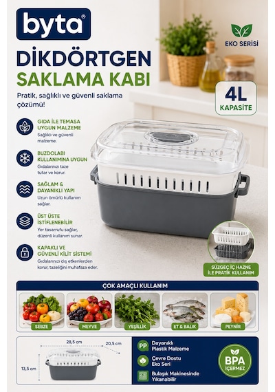 5 L Süzgeçli Dikdörtgen Sebze Meyve Yıkama Ve Saklama Kabı Kapaklı Gıda Muhafaza Kabı Siyah Diğer