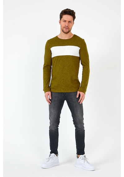 MMetalic Haki Unisex Regular Fit Bisiklet Yaka Uzun Kollu Şeritli Sweat Haki