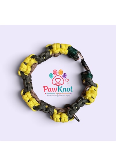 Pawknot Paracord Papatya Desenli Paracord El Yapımı Hand Made Köpek Tasması Açık Kahverengi - Yeşil - Sarı
