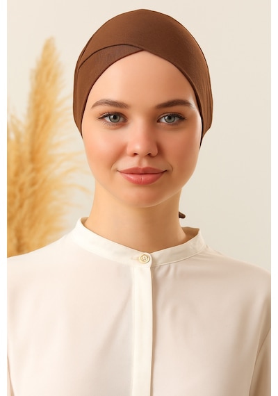 Melodi Scarf Bağlamalı Dikişsiz Çapraz Bone Kahverengi