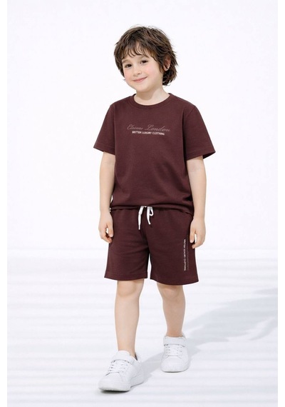 Miniko Kids Erkek Çocuk London Modelli Pamuk Şortlu Takım Kahverengi
