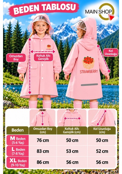 Mainshop Şeffaf Siperlikli Çıtçıtlı Ve Fermuarlı Taşıma Çantalı 4 Renk Çocuk Yağmurluk 9-10 Yaş L - Xl Pembe