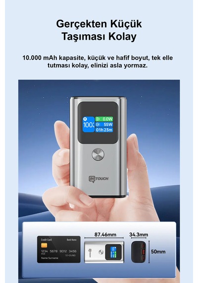 10.000mah Ultra Hızlı Şarj 55w Tft Ekranlı Powerbank - Premium Serisi Gri  -  Siyah