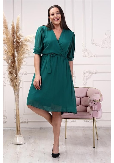 Neşeli Butik Kadın Yeşil Kruvaze Yaka Midi Boy Büyük Beden Şifon Elbise Nb8062 Yeşil
