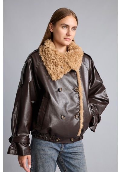Defacto Oversize Peluş Yakalı Kruvaze Suni Deri Mont I2761ax26wnbn530 Kahve-bn530