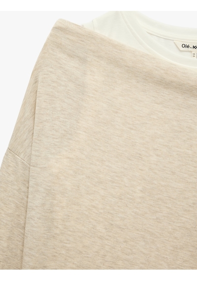 Koton Asimetrik Yaka Uzun Kollu Slim Fit Tişört Bej 7wal10346ık Ekru