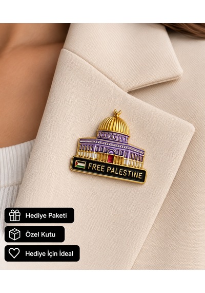 Free Palestine Yazılı Kubbe Figürlü Gold Renk Anlamlı Broş Aksesuarı Açık Gri