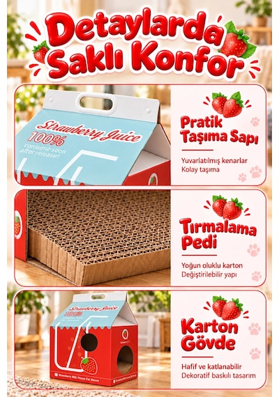 Çilek Desenli Karton Kedi Evi Katlanabilir Süt Kutusu Tasarımı, Tırmalama Pedi Hediyeli Sempatik K