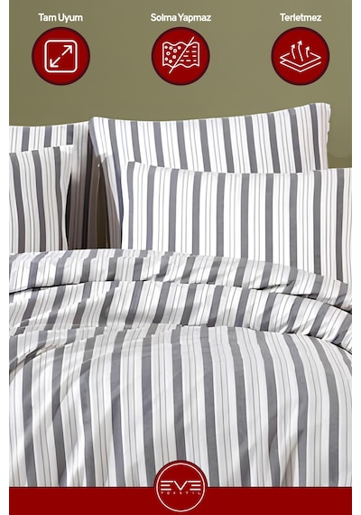 Saten Çizgili Çift Kişilik Lüks Nevresim Takımı Set 200x200 Cm Gri