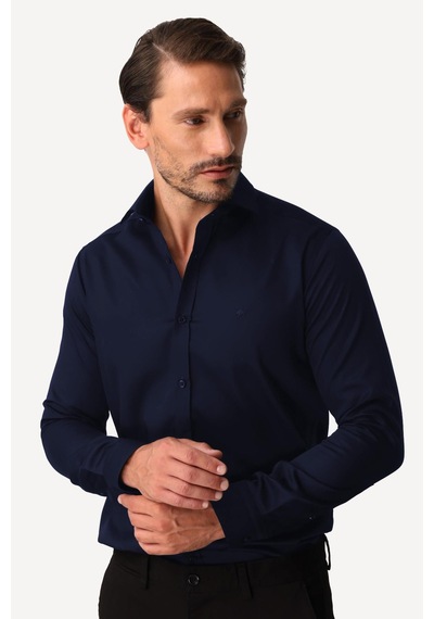 Igs Lacivert Slim Fit Dar Kalıp Klasik Yaka Düz Uzun Kollu Cepsiz %100 Pamuk Non Iron Ütü İstemeyen Gömlek -20002