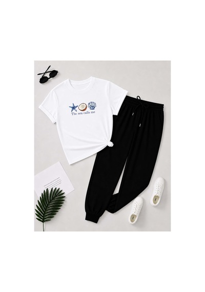 Herkesemoda The Sea Baskı Detaylı T-shirt Eşofman Takımı Beyaz