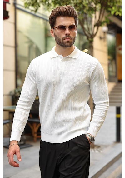 Madmext Beyaz Düğmeli Polo Yaka Desenli Over Fit Erkek Triko Kazak E7520