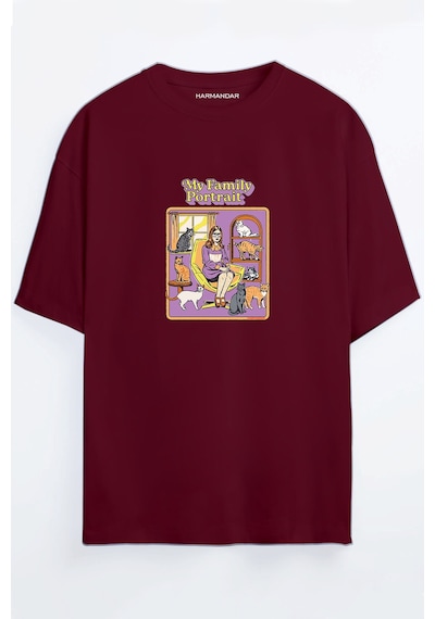 My Family Portrait - Aile Tablosu Siyah - Beyaz Oversize T-shirt Bordo