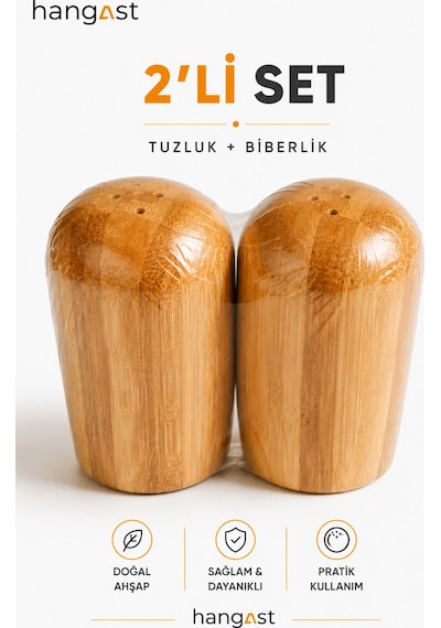 Bambu 2'li Ahşap Tuzluk Biberlik Seti Doğal Ahşap Tuz Ve Baharatlık Mutfak Masa Üstü Baharatlık Bej