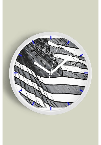 Siyah Beyaz Amerikan Bayrağı Tasarımı Modern Duvar Saati - 35cm - Önü Camlı Beyaz Kasa Beyaz