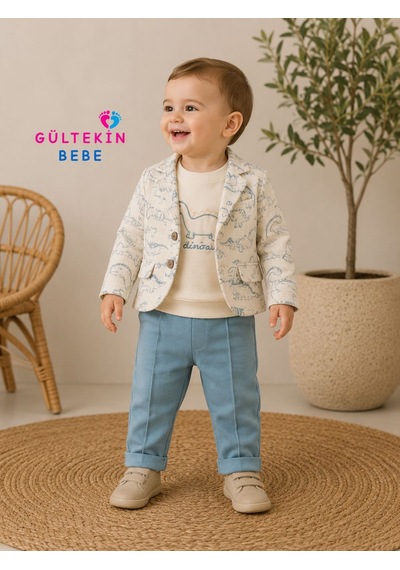 Elci Baby Müslin Kumaş Ceketli Erkek Üçlü Takım 9-24 Aylık -öz3372370 - Mavi