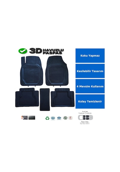 Tipo 1994 Uyumlu 3 Cm Havuzlu 5 Parça Set 3d Paspas Takımı Siyah