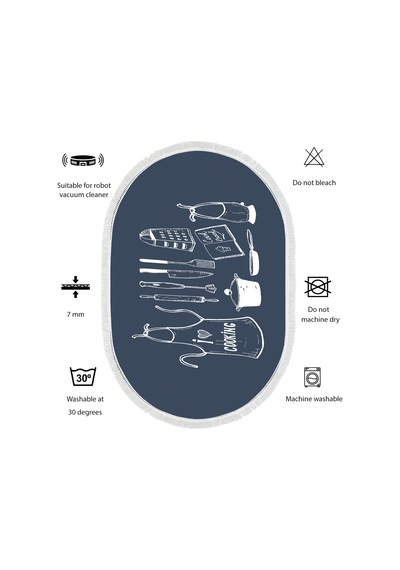 Dijital Kaymaz Yıkanabilir Banyo Mutfak Salon Paspas Halısı Trend Saçaklı Oval Al4032 Indigo