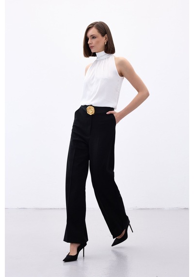 Sateen Palazzo Krep Pantolon - Siyah-136704 siyah