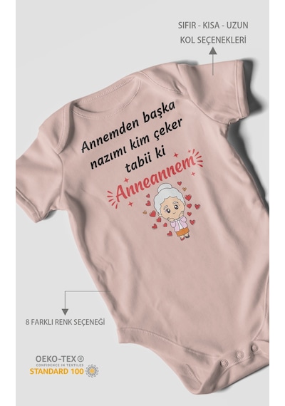 Annemden Başka Nazımı Kim Çeker Tabiki Annanem V2 Baskılı Bebek Zıbını Çıtçıtlı Body Kısa Kol Pastel Pembe