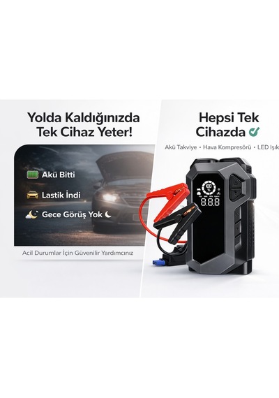Q18b Akü Takviye Cihazı 12000mah Powerbank, Hava Kompresörü Lastik Şişirme 4 Ü 1 Arada Jump Starter