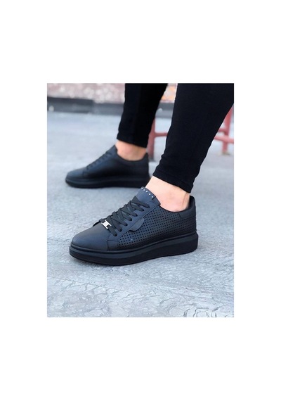 Mevese Tromto Bağcıklı Cilt Delikli Erkek Günlük Sneaker Ayakkabı - Siyah
