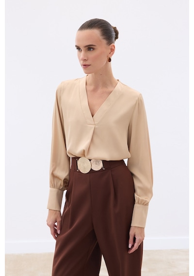 Sateen V Yaka Saten Bluz - Camel-130513 CAMEL