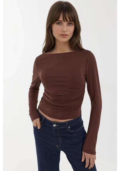 Hiccup Tekne Yaka Uzun Kollu Slim Fit Örgü Üst Mocha Kahvesi
