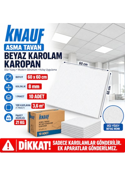 Knauf Asma Tavan Beyaz Karolam Karopan 60x60 Cm 1 Pakette 10 Adet 3.6 M2 Yer Kaplar 21 Kg 60x60cm